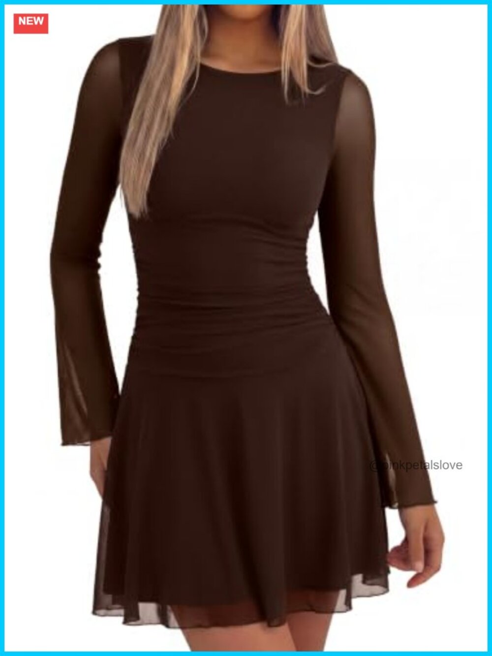 Women's Boat Neck Sheer Mesh Ruched Long Sleeve Mini Dress